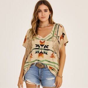 Ralph Lauren Denim & Supply southwestern motif fringed oversized tee. Small